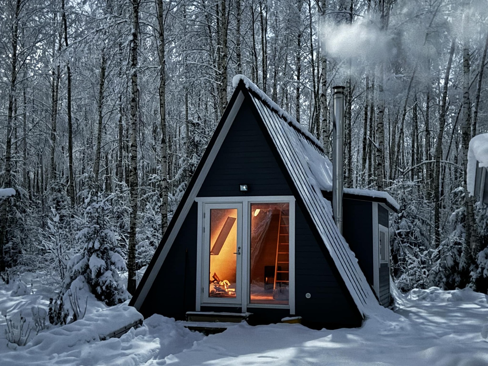 A cozy, dark-colored A-frame cabin stands in a snow-covered birch forest at dusk, with warm light glowing through its glass doors and smoke rising from a silver chimney.